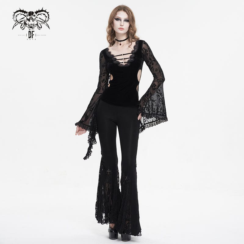 DEVIL FASHION Women's Punk Plunging Flared Sleevd Mesh Splice Shirt