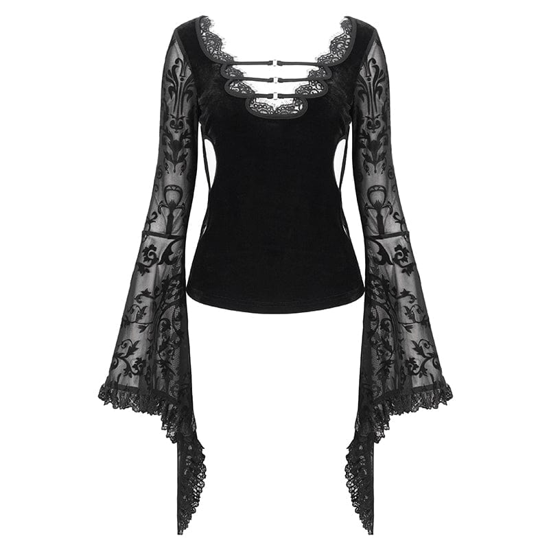 DEVIL FASHION Women's Punk Plunging Flared Sleevd Mesh Splice Shirt