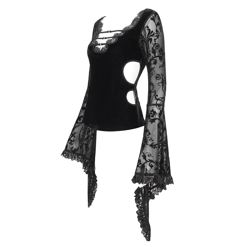 DEVIL FASHION Women's Punk Plunging Flared Sleevd Mesh Splice Shirt