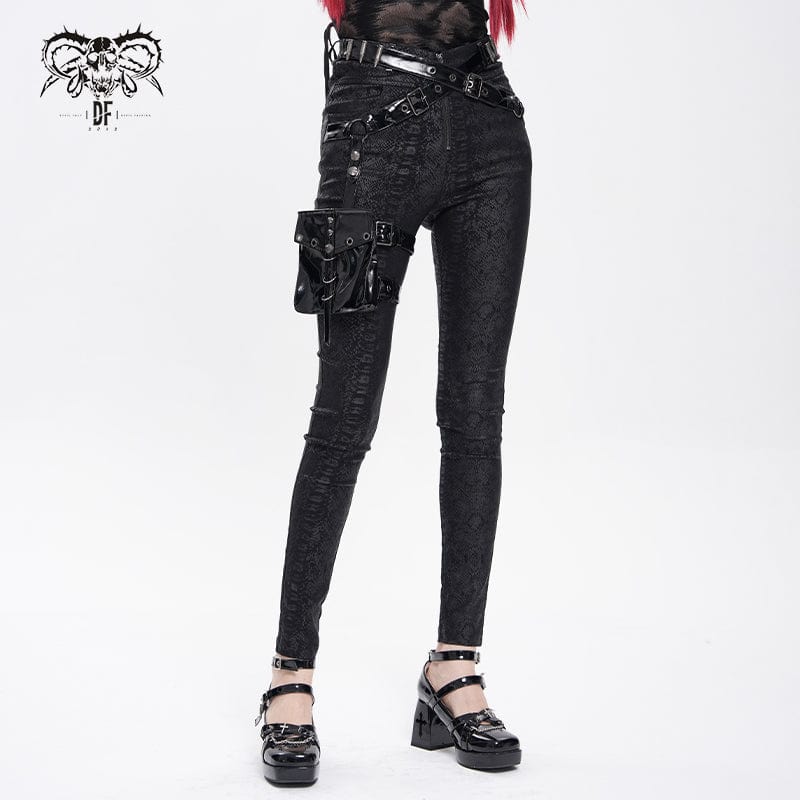 DEVIL FASHION Women's Punk Printed Buckle Strap Pants with Leg Bag