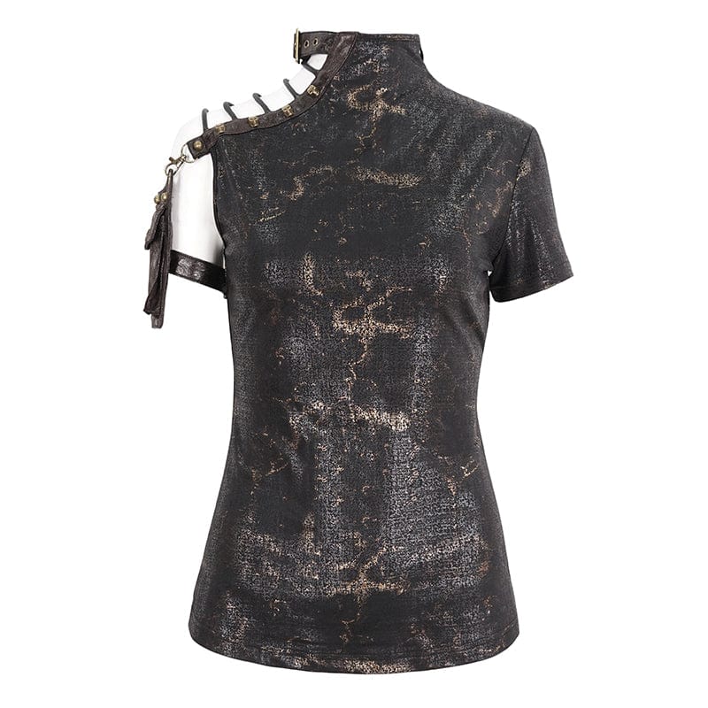 DEVIL FASHION Women's Punk Spaghetti Straps Buckle Short Sleeved Tee