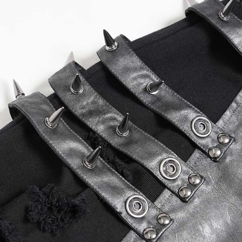 DEVIL FASHION Women's Punk Spike-Detailed Straps Ripped Flare Pants