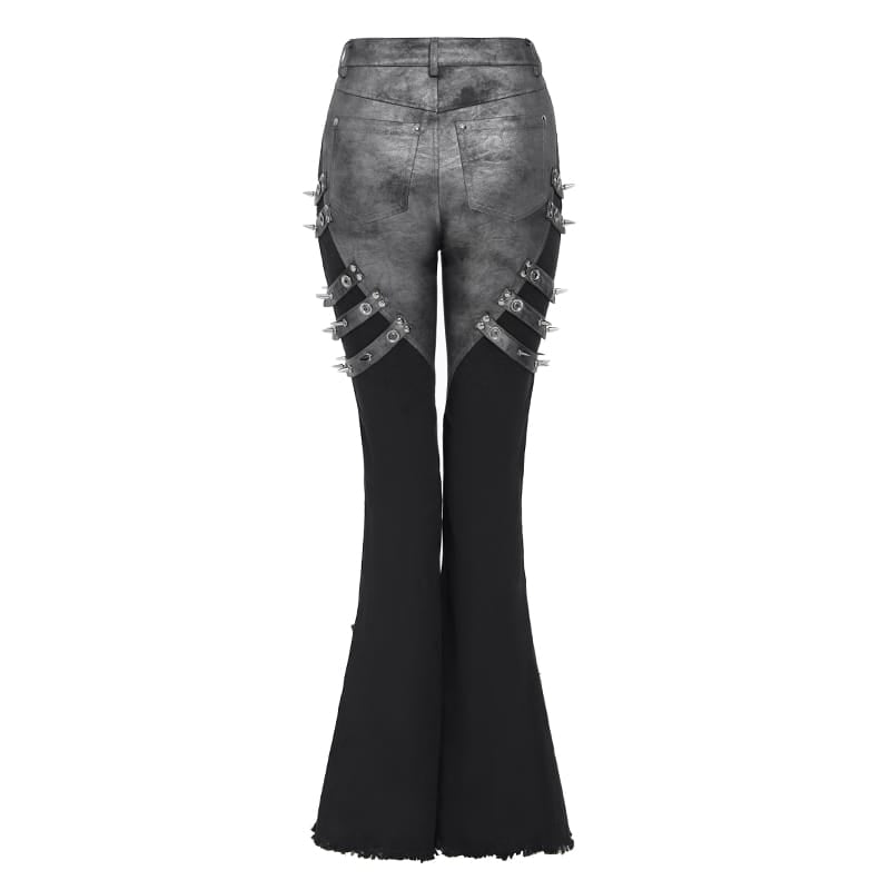 DEVIL FASHION Women's Punk Spike-Detailed Straps Ripped Flare Pants