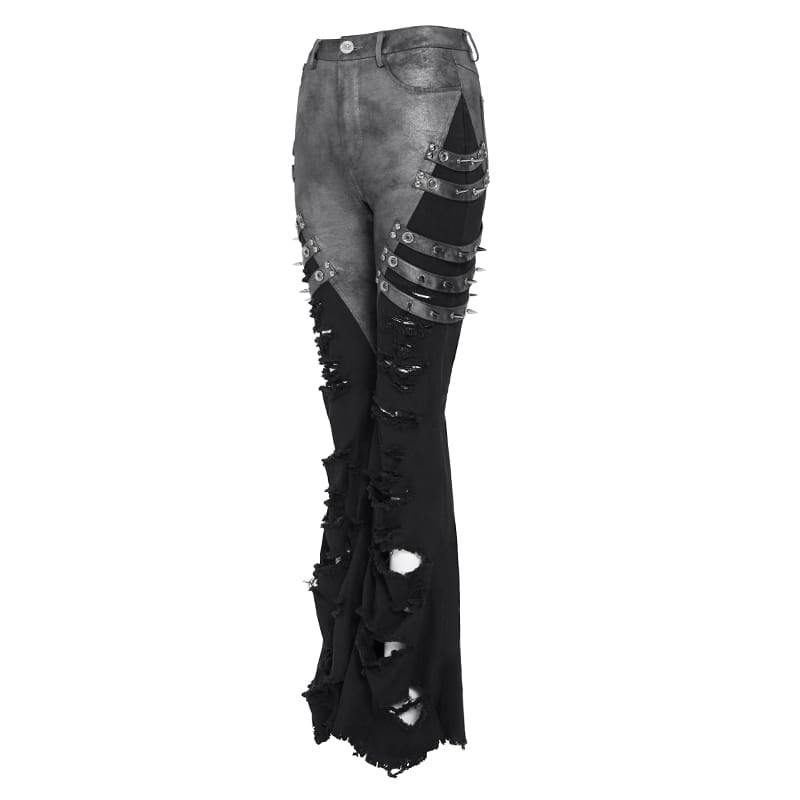 DEVIL FASHION Women's Punk Spike-Detailed Straps Ripped Flare Pants