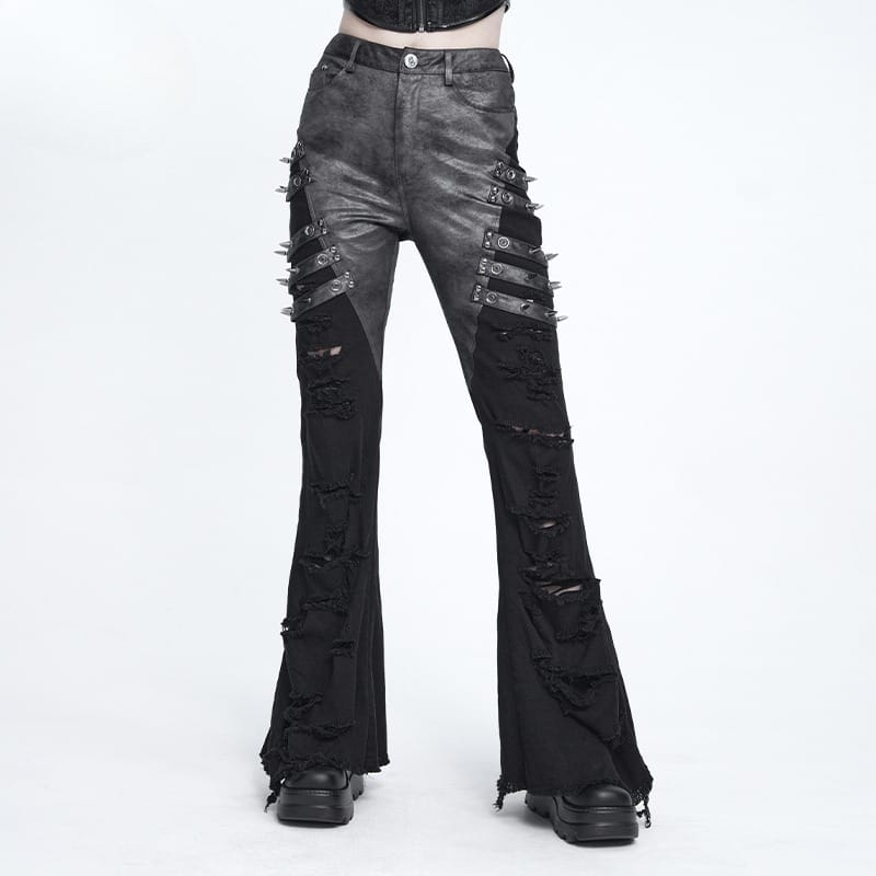 DEVIL FASHION Women's Punk Spike-Detailed Straps Ripped Flare Pants