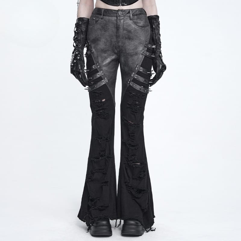 DEVIL FASHION Women's Punk Spike-Detailed Straps Ripped Flare Pants
