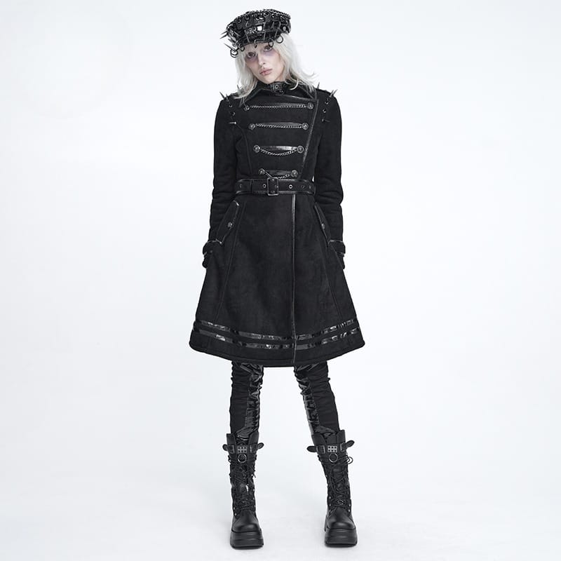 DEVIL FASHION Women's Punk Spiked Chained Lapel Slanted Placket Coat