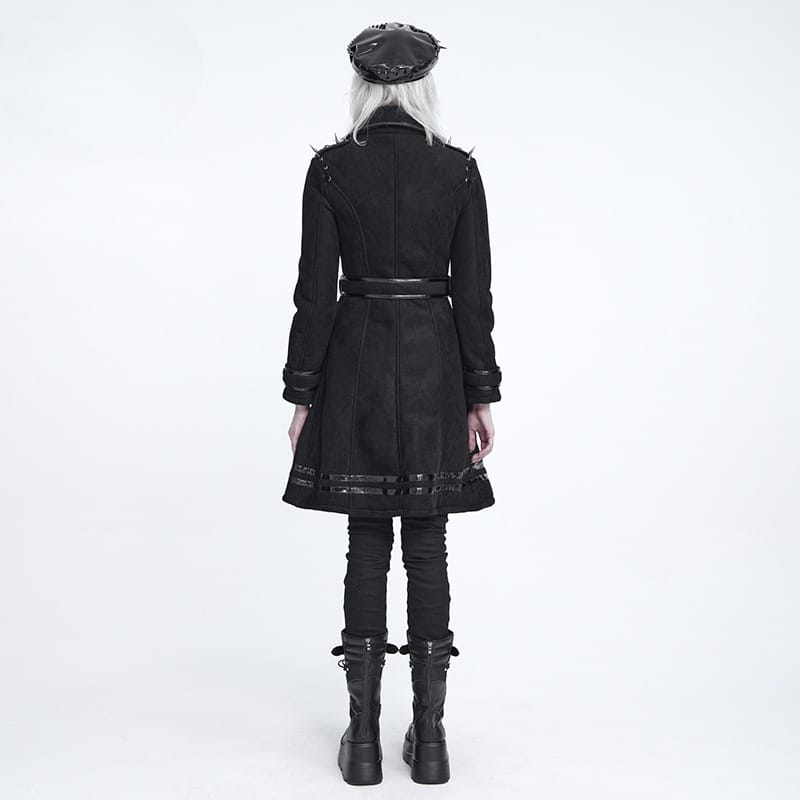 DEVIL FASHION Women's Punk Spiked Chained Lapel Slanted Placket Coat