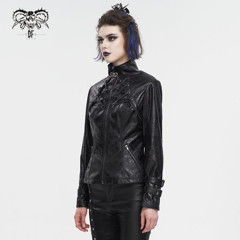 DEVIL FASHION Women's Punk Stand Collar Crackled Buckle Jacket