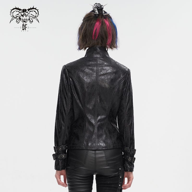 DEVIL FASHION Women's Punk Stand Collar Crackled Buckle Jacket