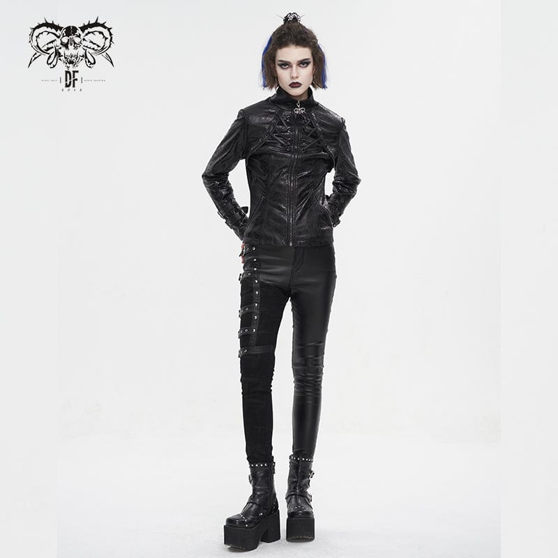 DEVIL FASHION Women's Punk Stand Collar Crackled Buckle Jacket