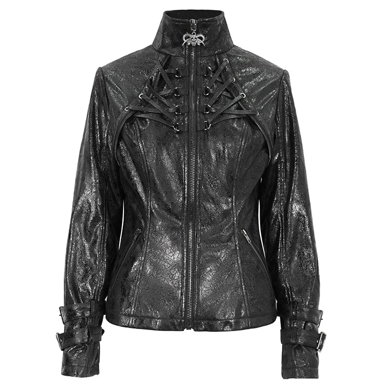 DEVIL FASHION Women's Punk Stand Collar Crackled Buckle Jacket