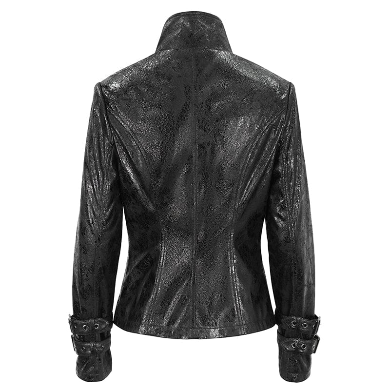 DEVIL FASHION Women's Punk Stand Collar Crackled Buckle Jacket