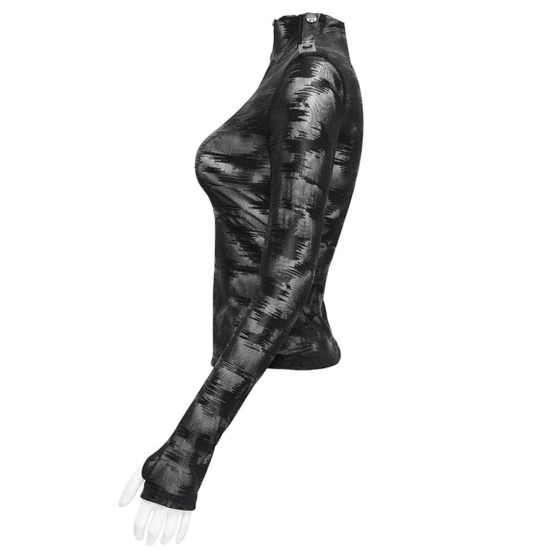 DEVIL FASHION Women's Punk Stand Collar Studded Mesh Shirt