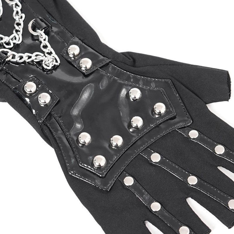 DEVIL FASHION Women's Punk Studded Chained Faux Leather Half-finger Gloves