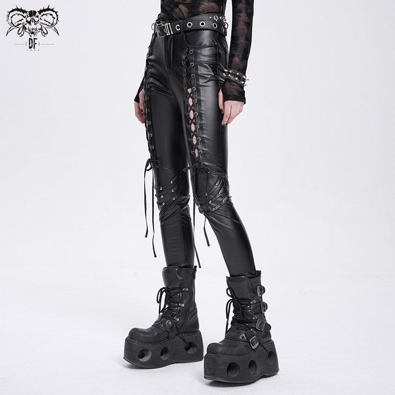 DEVIL FASHION Women's Punk Studded Lace-up Pants