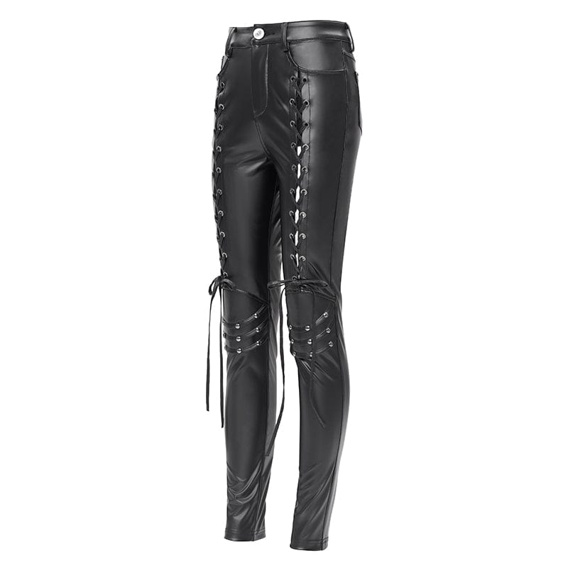 DEVIL FASHION Women's Punk Studded Lace-up Pants