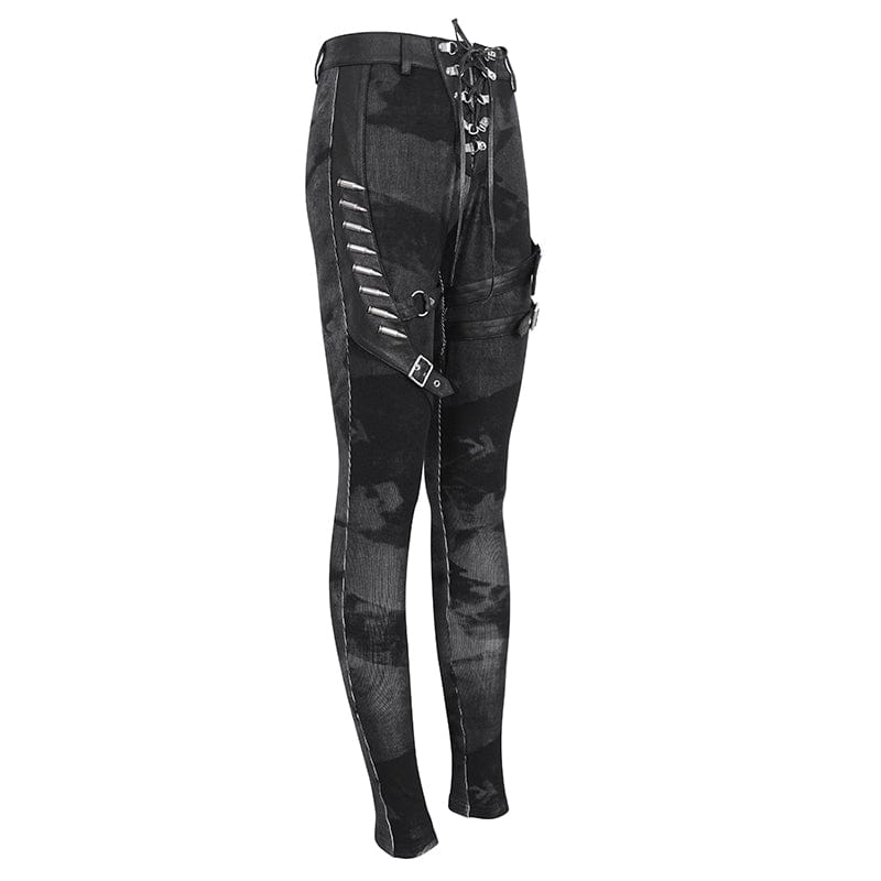 DEVIL FASHION Women's Punk Tie-dyed Buckle Lace-Up Leggings Black