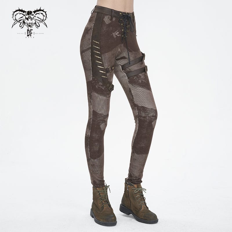 DEVIL FASHION Women's Punk Tie-dyed Buckle Lace-Up Leggings Coffee