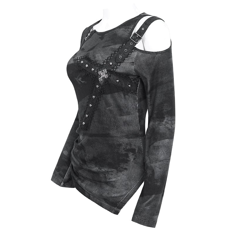 DEVIL FASHION Women's Punk Tie-dyed Cutout Long Sleeved Shirt