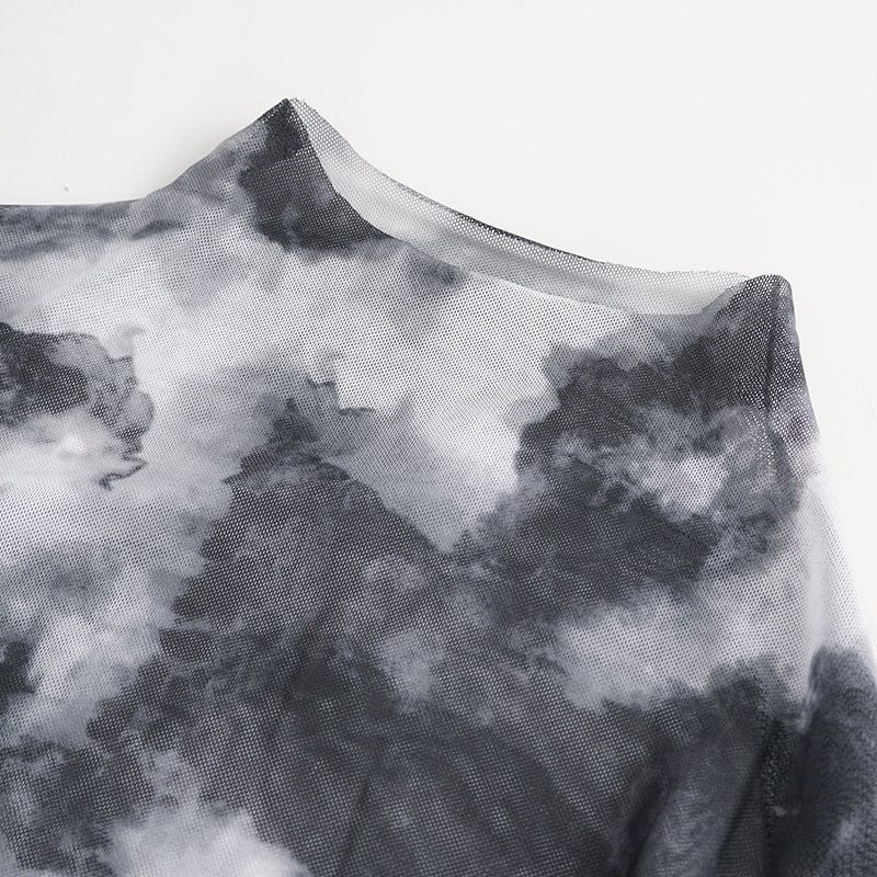 DEVIL FASHION Women's Punk Tie-dyed Strappy Long Sleeved Shirt