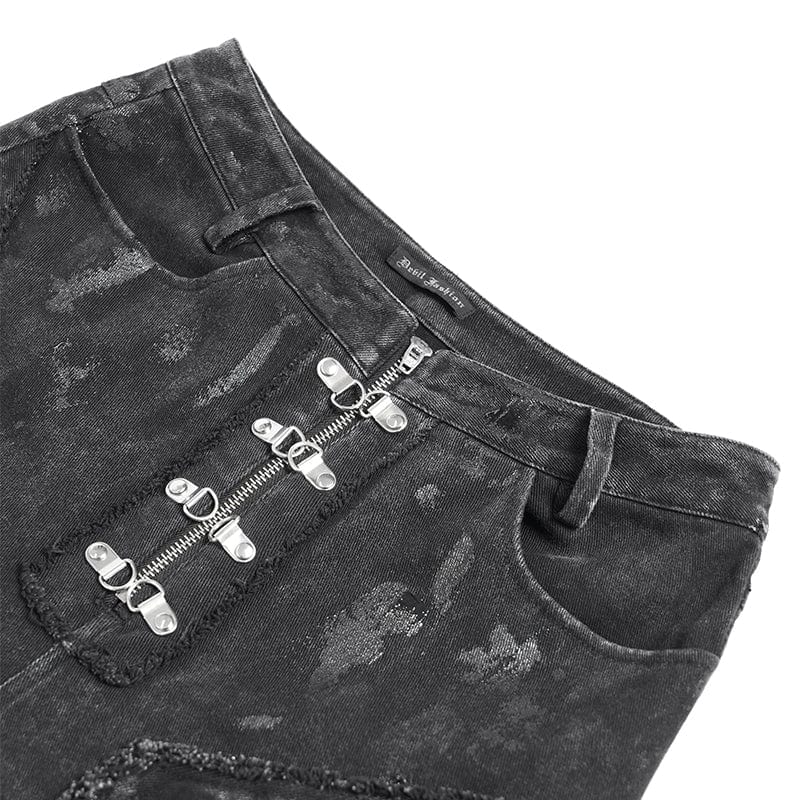 DEVIL FASHION Women's Punk Zipper-accented Pleated Flared Pants