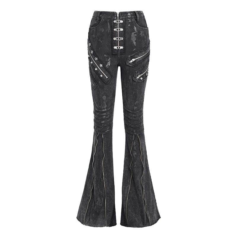 DEVIL FASHION Women's Punk Zipper-accented Pleated Flared Pants