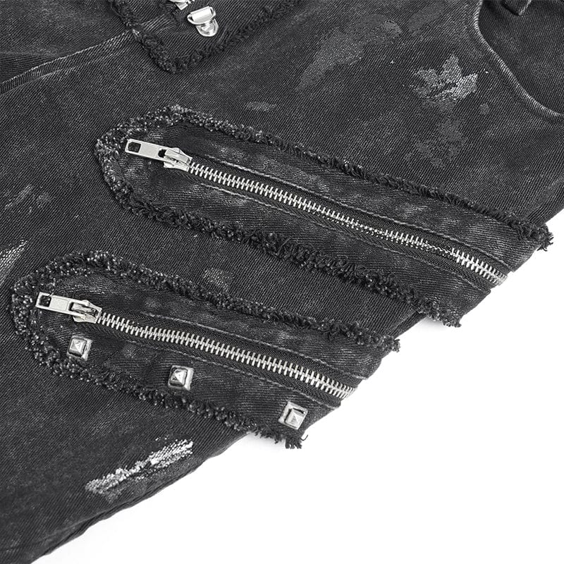 DEVIL FASHION Women's Punk Zipper-accented Pleated Flared Pants