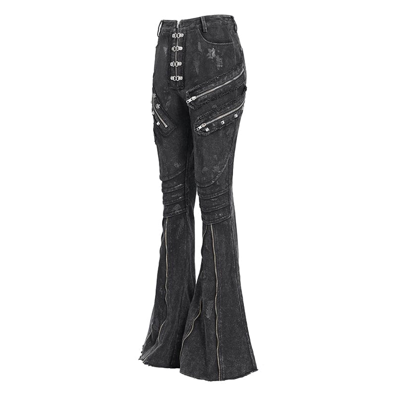 DEVIL FASHION Women's Punk Zipper-accented Pleated Flared Pants