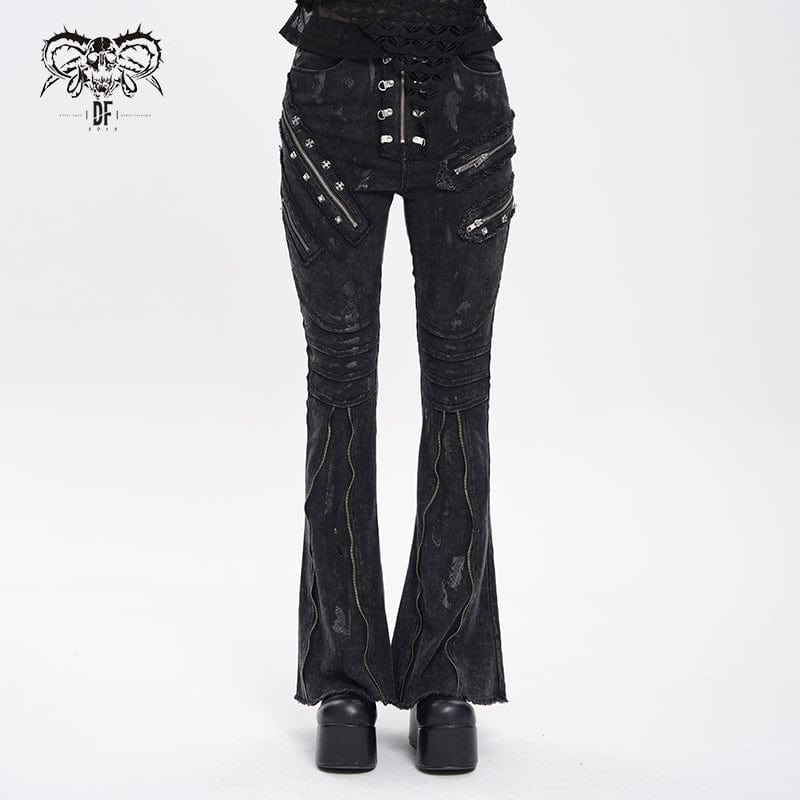 DEVIL FASHION Women's Punk Zipper-accented Pleated Flared Pants
