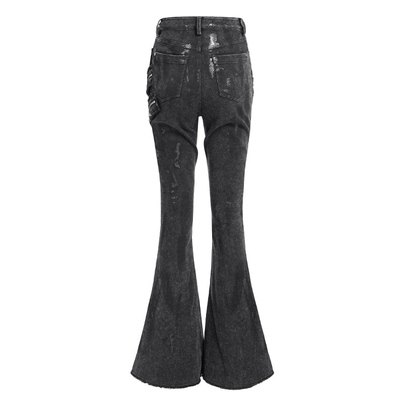DEVIL FASHION Women's Punk Zipper-accented Pleated Flared Pants