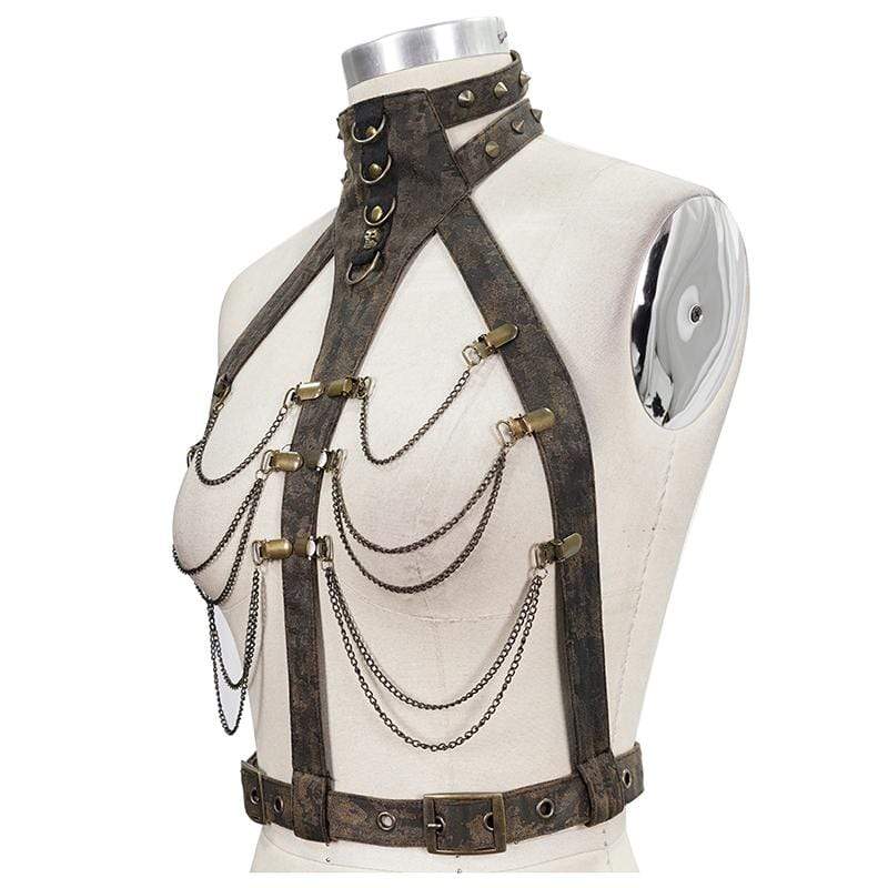 DEVIL FASHION Women's Steampunk Brown Body Harness with Brass Chain