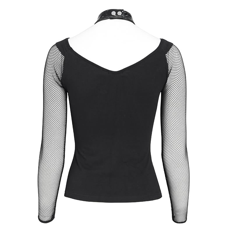 DEVIL FASHION Women's Steampunk Mesh Faux Leather Tops