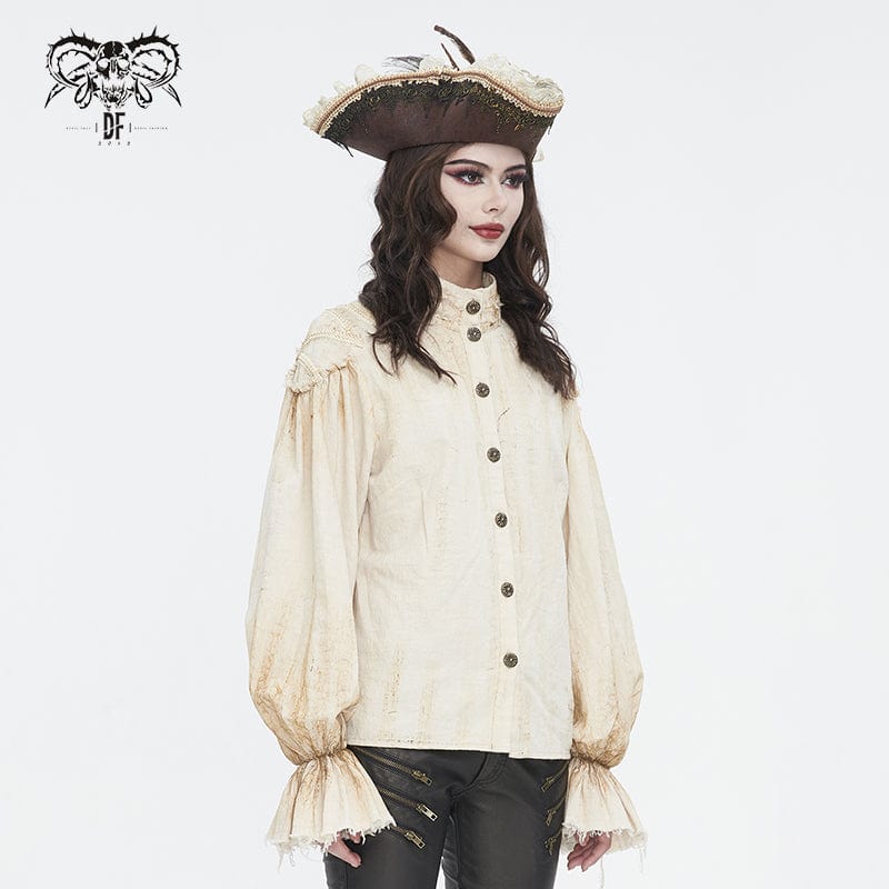 DEVIL FASHION Women's Steampunk Stand Collar Puff Sleeved Beige Shirt