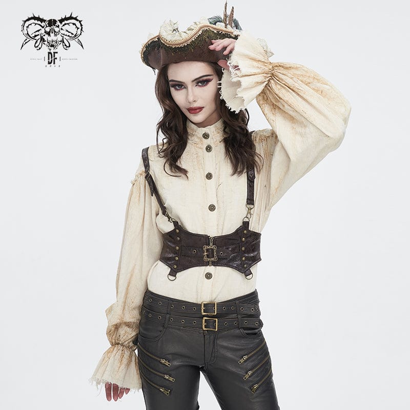 DEVIL FASHION Women's Steampunk Stand Collar Puff Sleeved Beige Shirt