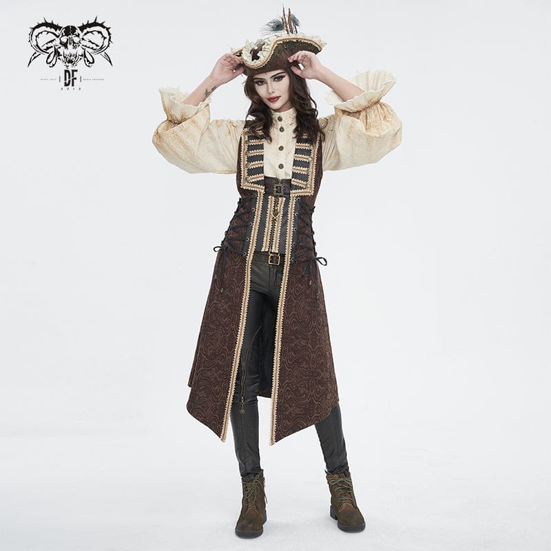 DEVIL FASHION Women's Steampunk Stand Collar Puff Sleeved Beige Shirt