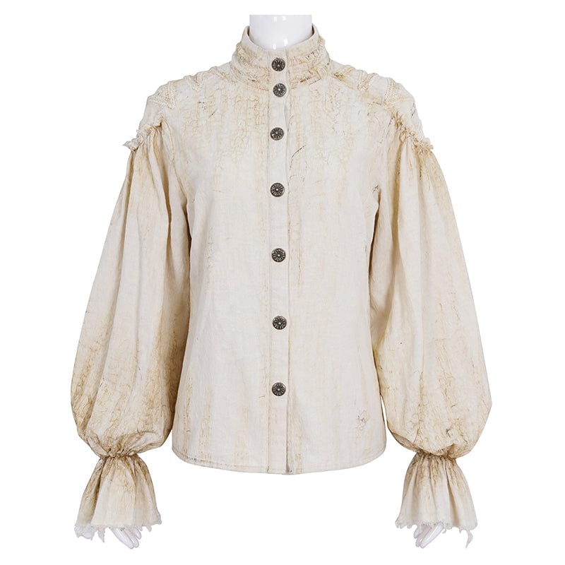 DEVIL FASHION Women's Steampunk Stand Collar Puff Sleeved Beige Shirt