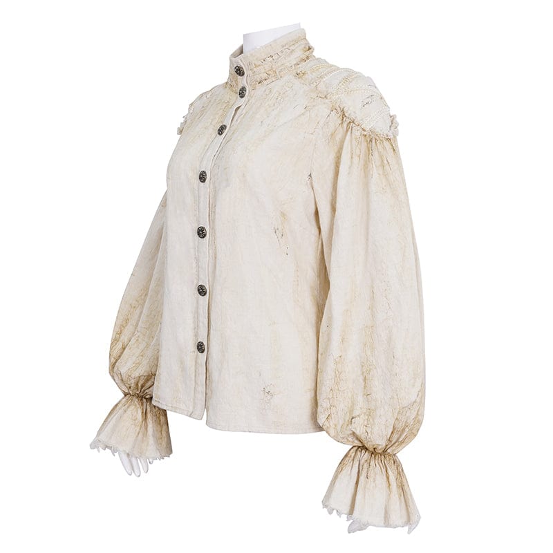 DEVIL FASHION Women's Steampunk Stand Collar Puff Sleeved Beige Shirt