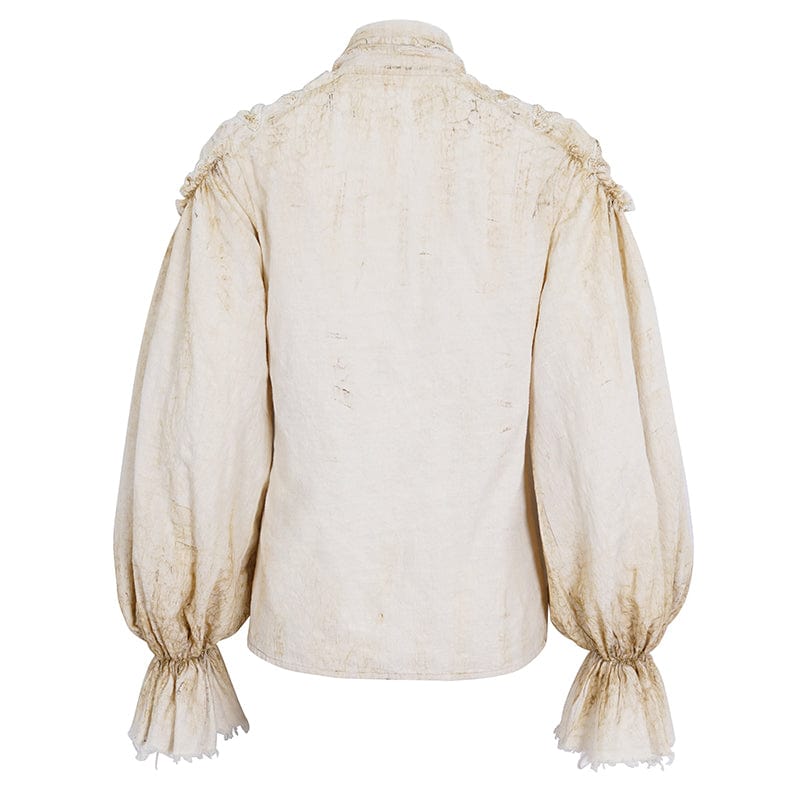 DEVIL FASHION Women's Steampunk Stand Collar Puff Sleeved Beige Shirt