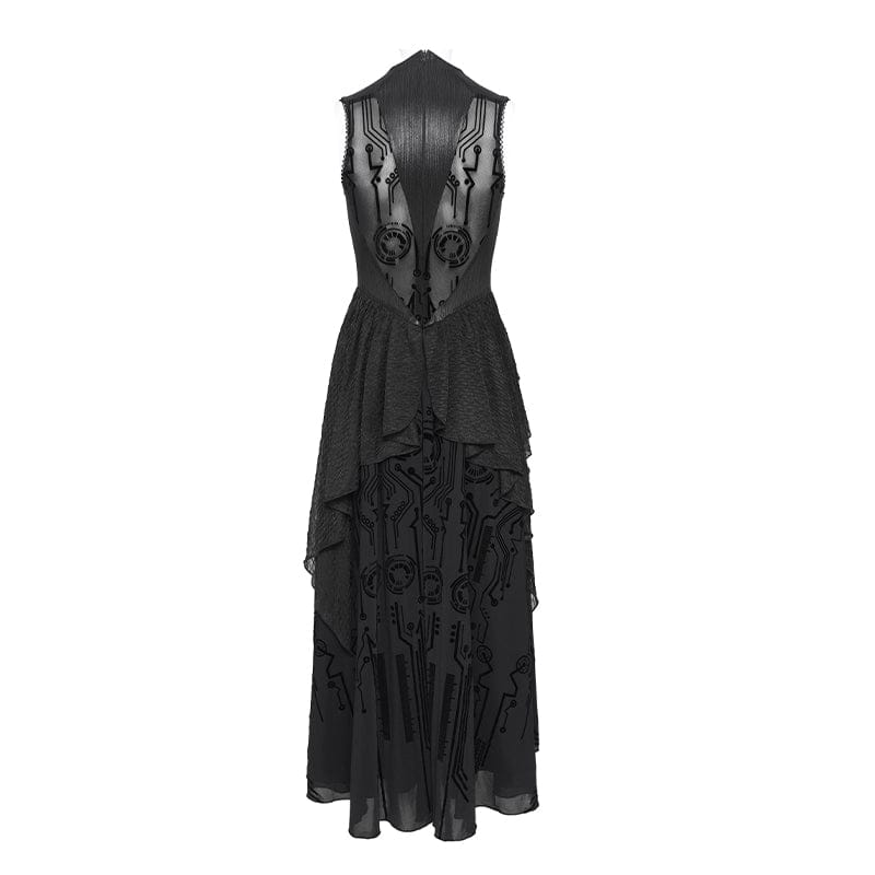 DEVILFASHION Women's Cyberpunk Circuit Board Printed Sleeveless Maxi Dress
