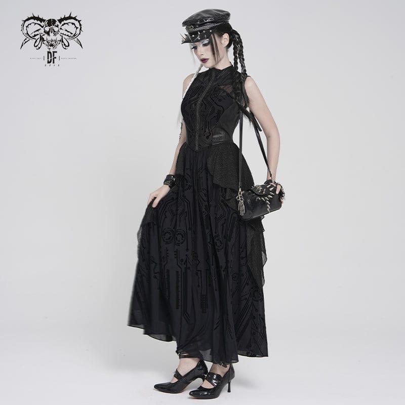 DEVILFASHION Women's Cyberpunk Circuit Board Printed Sleeveless Maxi Dress