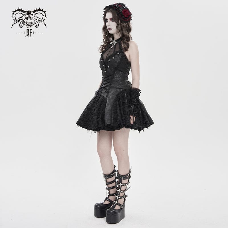 DEVILFASHION Women's Gothic Bat Spider Lace-up Halterneck Dress Black