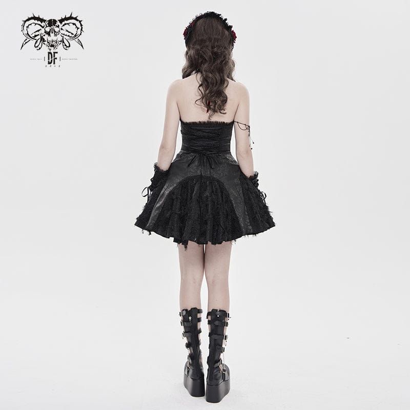 DEVILFASHION Women's Gothic Bat Spider Lace-up Halterneck Dress Black