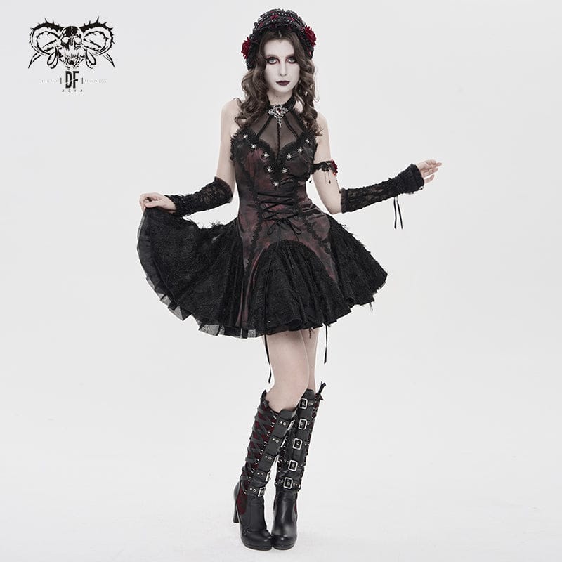 DEVILFASHION Women's Gothic Bat Spider Lace-up Halterneck Dress Black-Red
