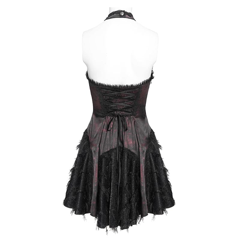 DEVILFASHION Women's Gothic Bat Spider Lace-up Halterneck Dress Black-Red