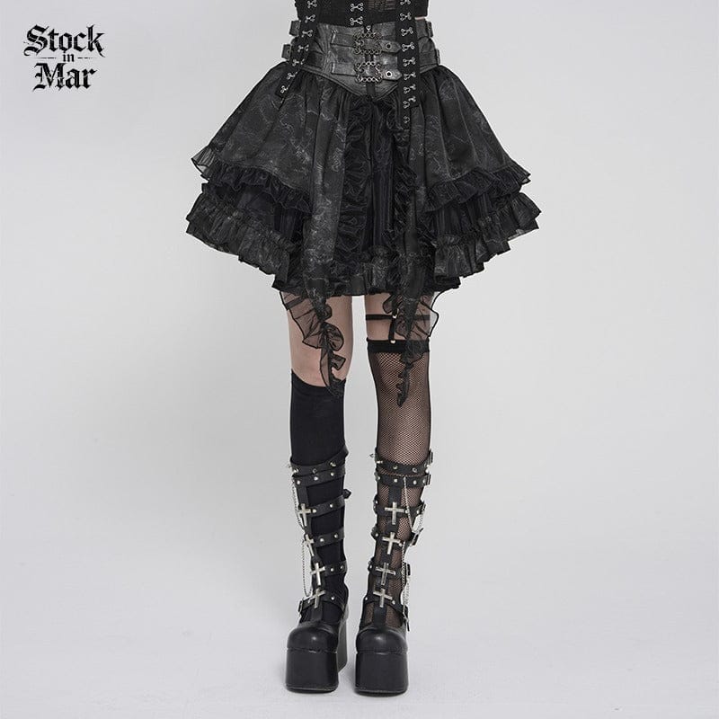 DEVILFASHION Women's Gothic Buckle-up Printed Ruffled Short Skirt