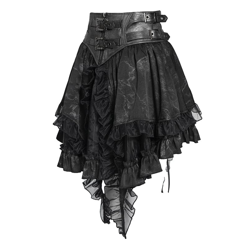 DEVILFASHION Women's Gothic Buckle-up Printed Ruffled Short Skirt