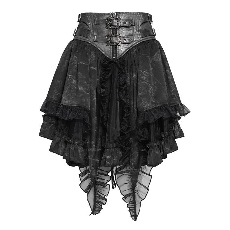 DEVILFASHION Women's Gothic Buckle-up Printed Ruffled Short Skirt