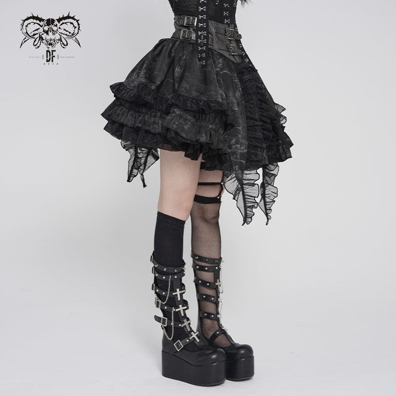 DEVILFASHION Women's Gothic Buckle-up Printed Ruffled Short Skirt