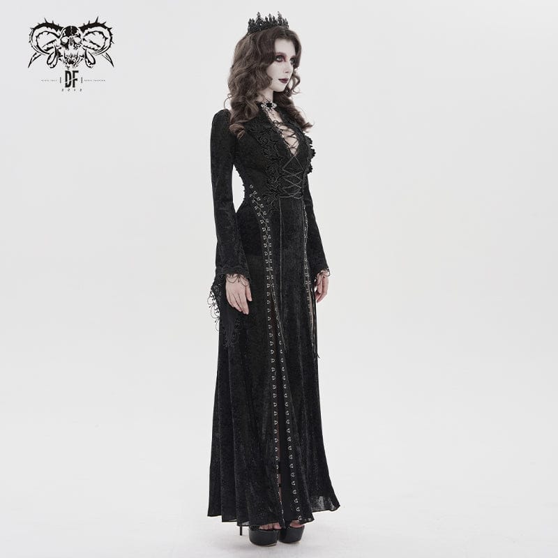 DEVILFASHION Women's Gothic Chained Plunging Split Maxi Dress